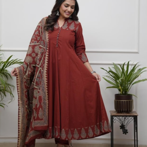 GoSriKi Women's Rayon Viscose Anarkali Printed Kurta Pant with Dupatta | Anarkali Kurta Set for Women | Flared Kurti Pant Set | Ethnic Printed Suit for Women