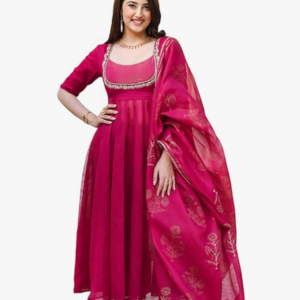 GoSriKi Women's Rayon Viscose Embroidered Anarkali Kurta with Pant & Dupatta