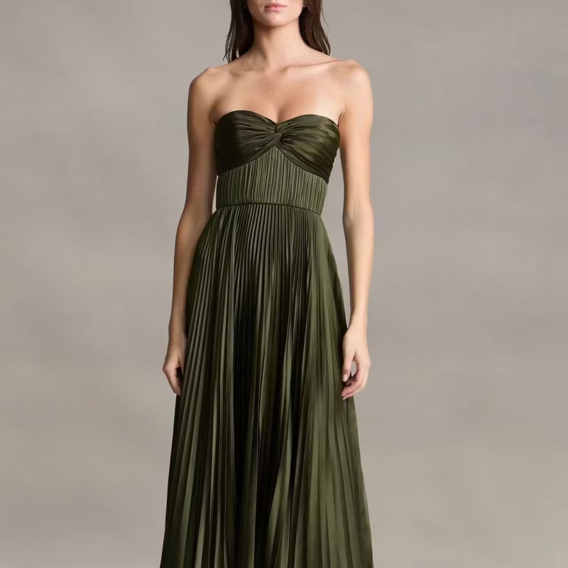 Olive Green Strapless Twist-Knot Pleated Dress