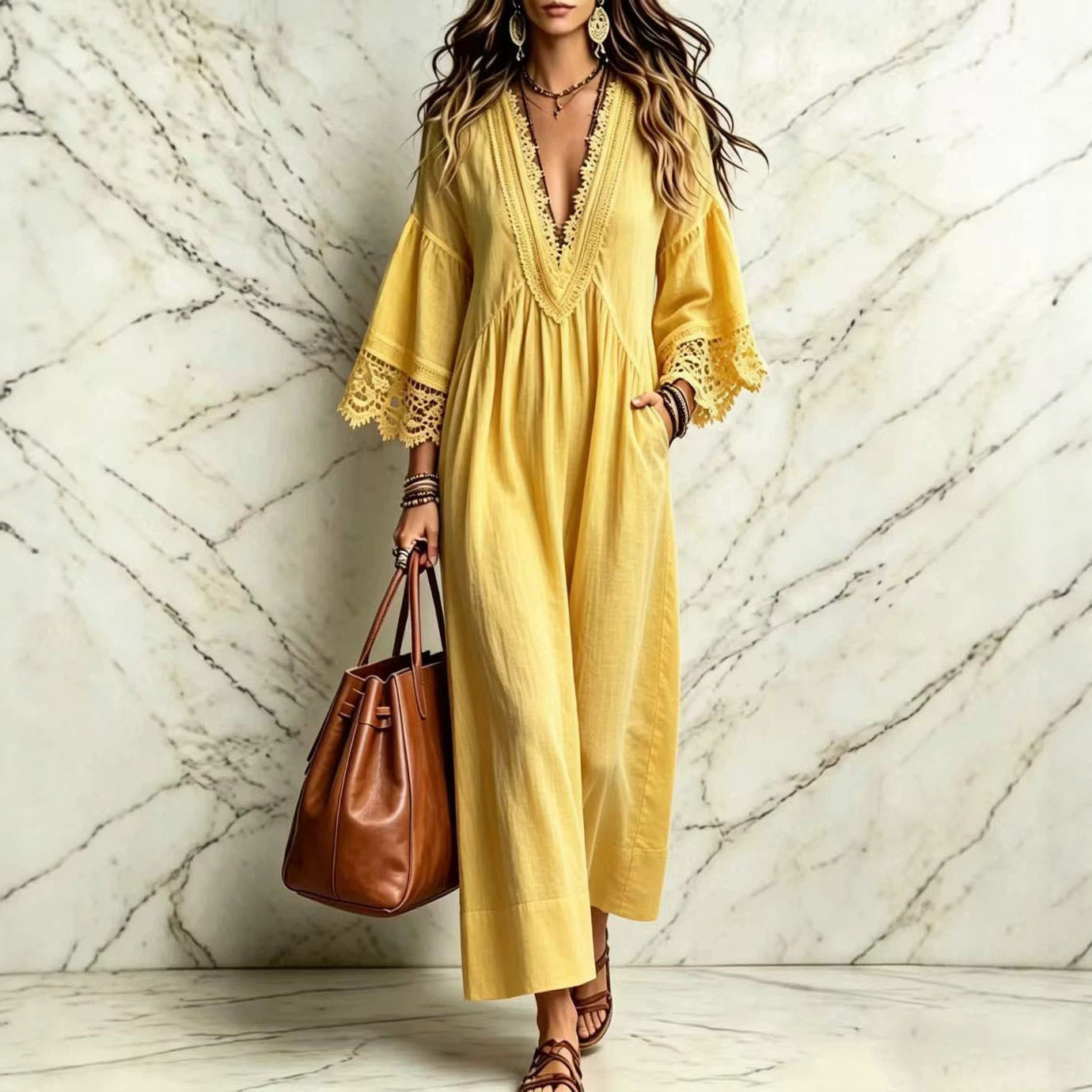 Women’s Solid-Color Lace V-Neck Loose Dress